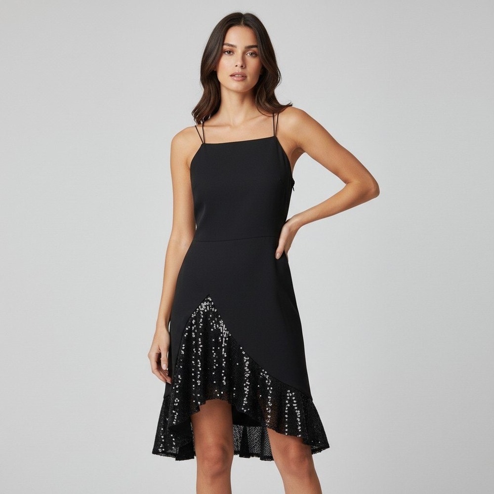 SHO Tadashi Shoji Womens Black Sequin Asymmetric Cocktail Dress ALG19678M Size 8